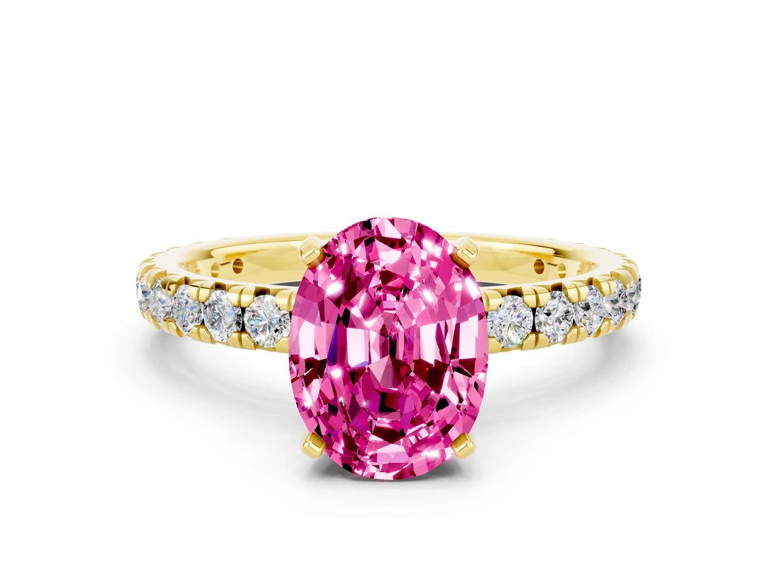 Yellow gold Oval Cut Pink Sapphire Pavé Solitaire Ring with Round Band and Prong Setting_24