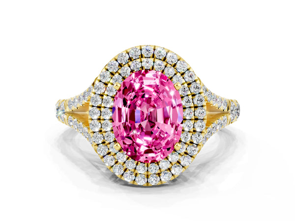 Yellow gold Oval Cut Pink Sapphire Pavé Split Shank Double Halo Engagement Ring