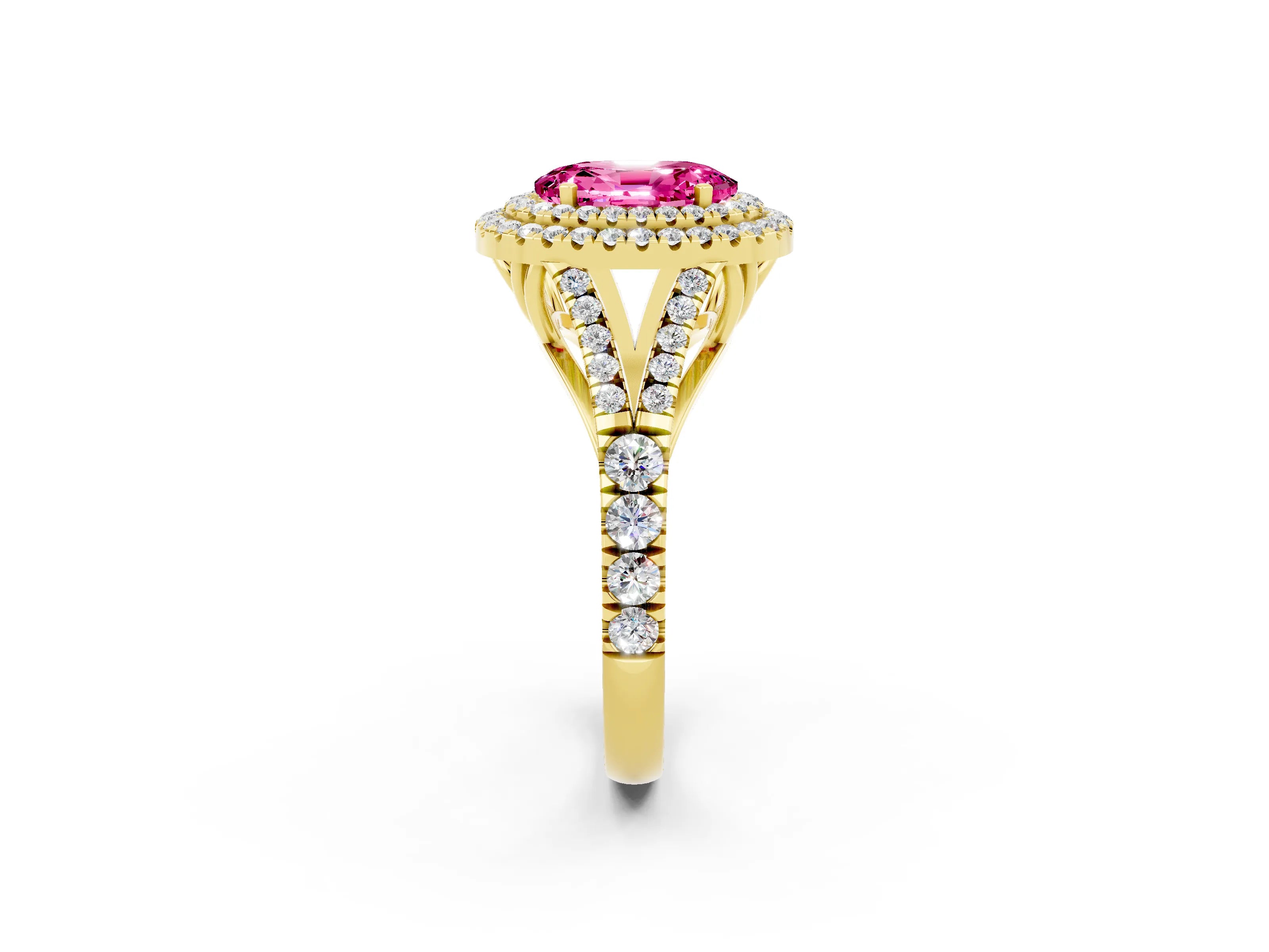 Yellow gold Oval Cut Pink Sapphire Pavé Split Shank Double Halo Engagement Ring_2