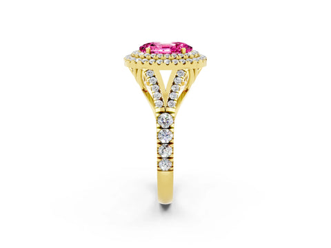 Yellow gold Oval Cut Pink Sapphire Pavé Split Shank Double Halo Engagement Ring_2