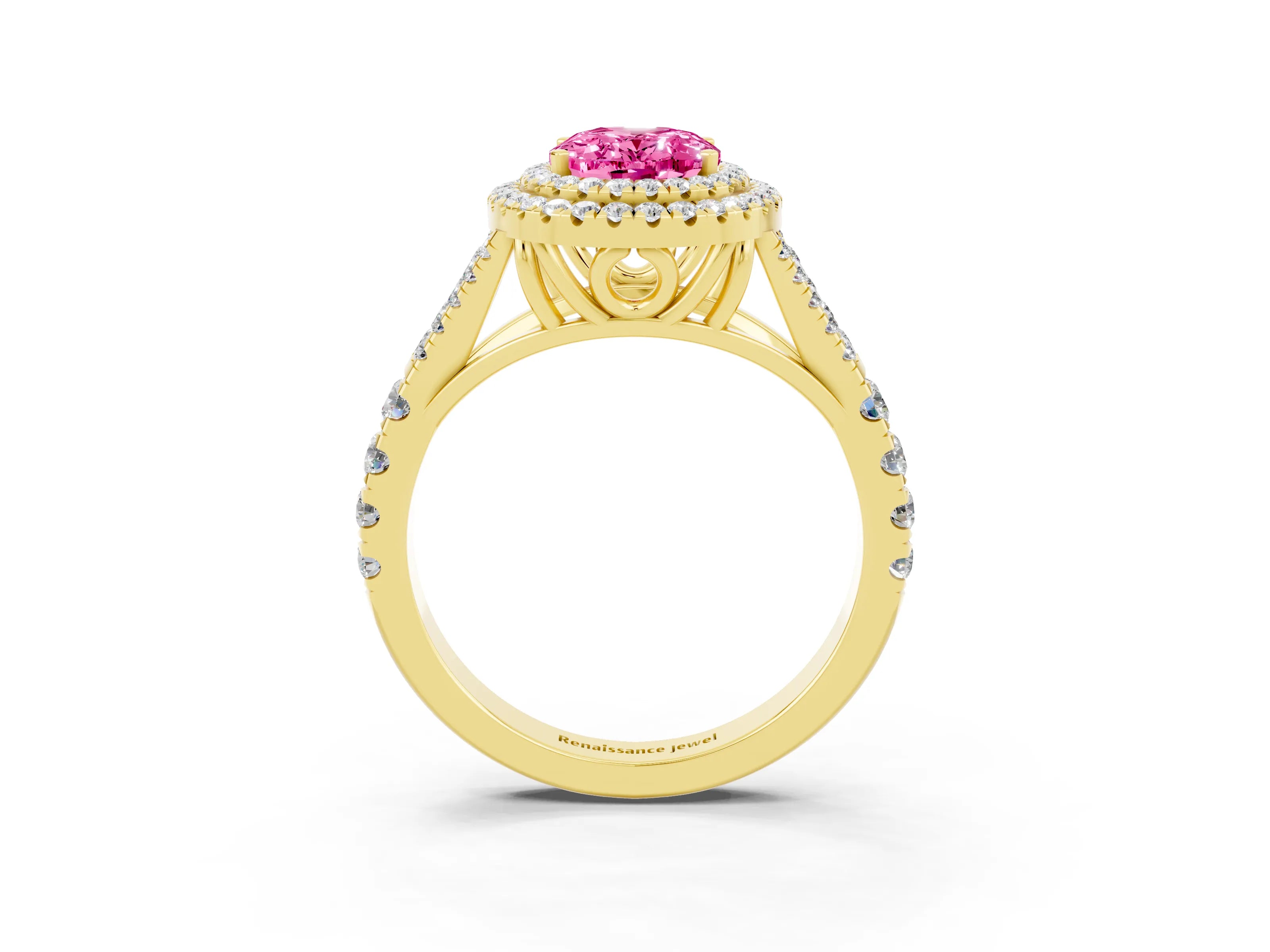 Yellow gold Oval Cut Pink Sapphire Pavé Split Shank Double Halo Engagement Ring_3