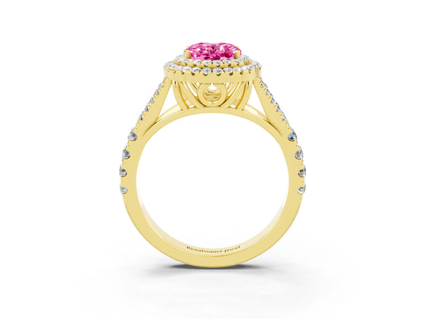 Yellow gold Oval Cut Pink Sapphire Pavé Split Shank Double Halo Engagement Ring