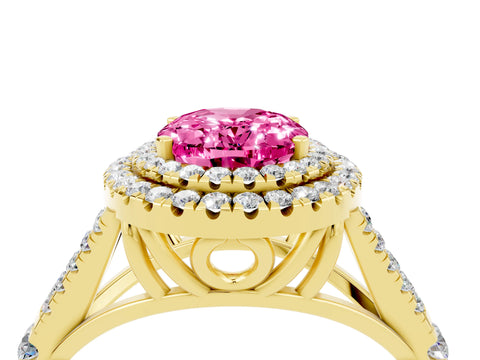 Yellow gold Oval Cut Pink Sapphire Pavé Split Shank Double Halo Engagement Ring_4
