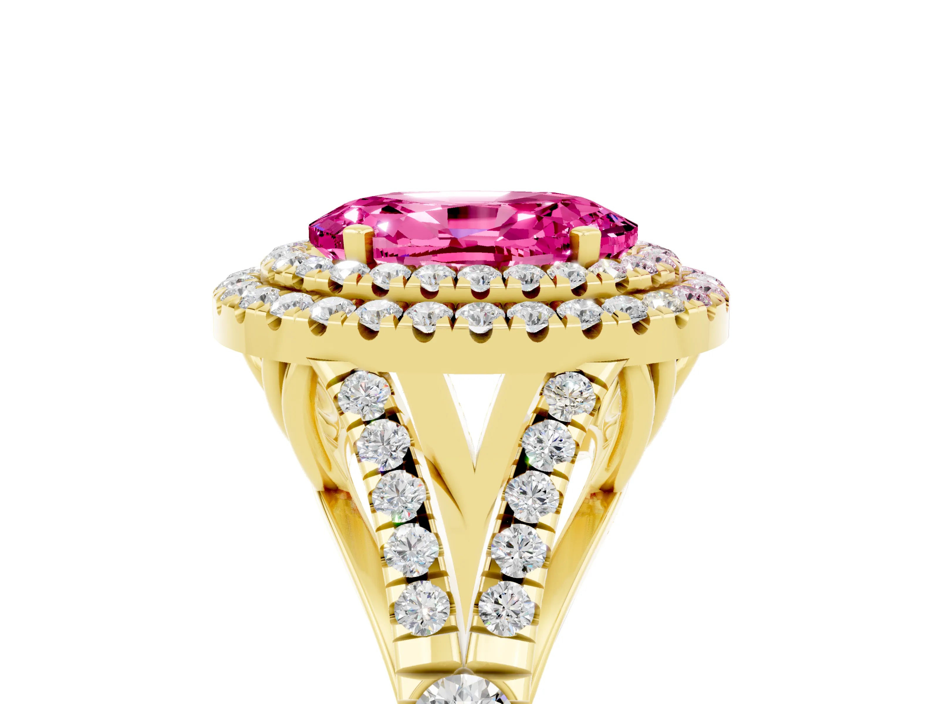 Yellow gold Oval Cut Pink Sapphire Pavé Split Shank Double Halo Engagement Ring_5