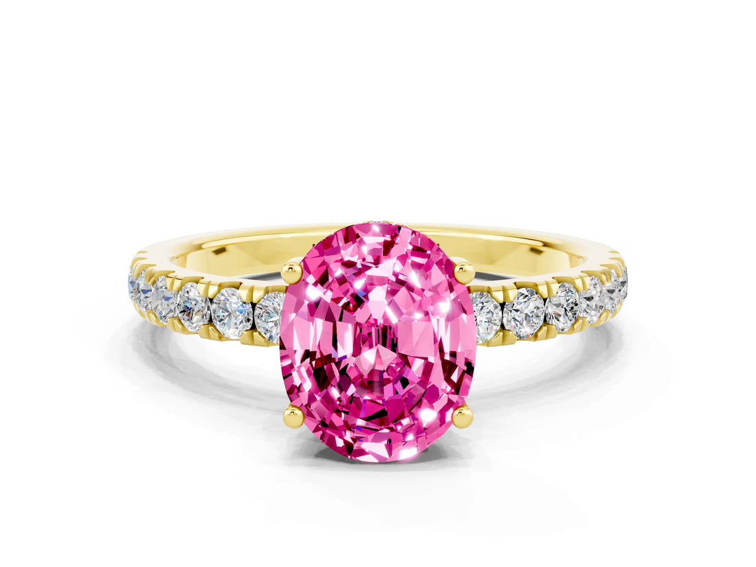 Yellow gold Oval Cut Pink Sapphire Pave Band Solitaire Ring with Four-Prong Setting_12