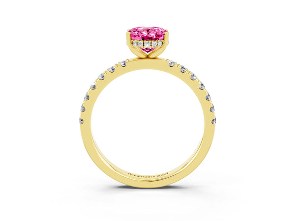 Yellow gold Oval Cut Pink Sapphire Pave Band Solitaire Ring with Round  and Prong Setting