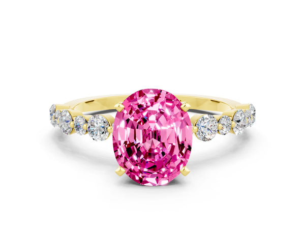 Yellow gold Oval Cut Pink Sapphire Prong Set Engagement Ring with Pavé Band