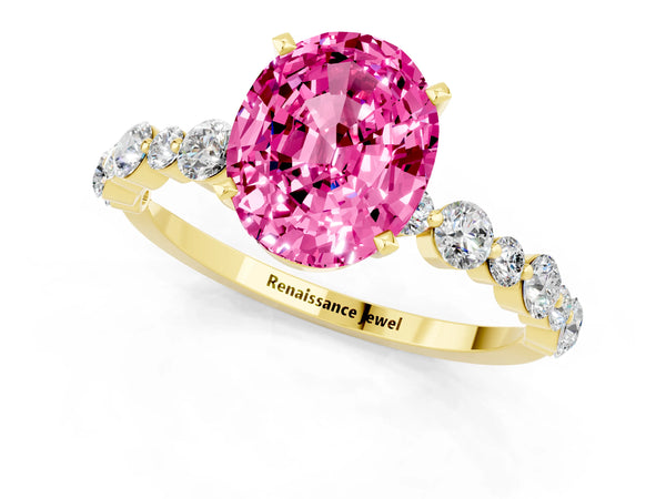 Yellow gold Oval Cut Pink Sapphire Prong Set Engagement Ring with Pavé Band