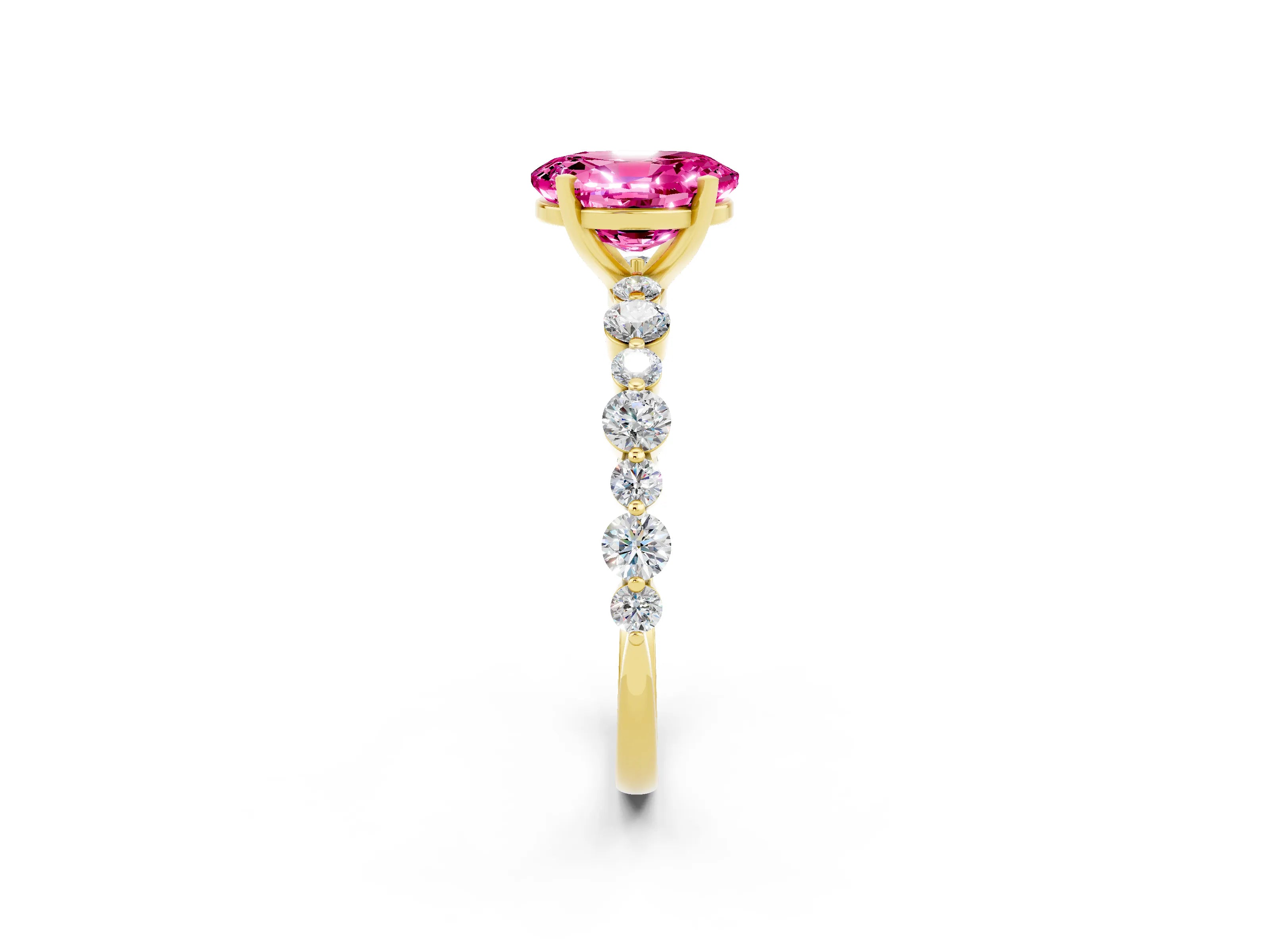 Yellow gold Oval Cut Pink Sapphire Prong Set Engagement Ring with Pavé Band_14