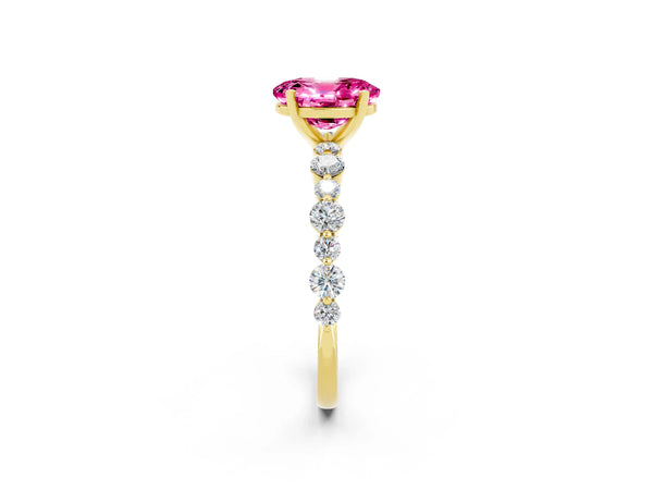 Yellow gold Oval Cut Pink Sapphire Prong Set Engagement Ring with Pavé Band