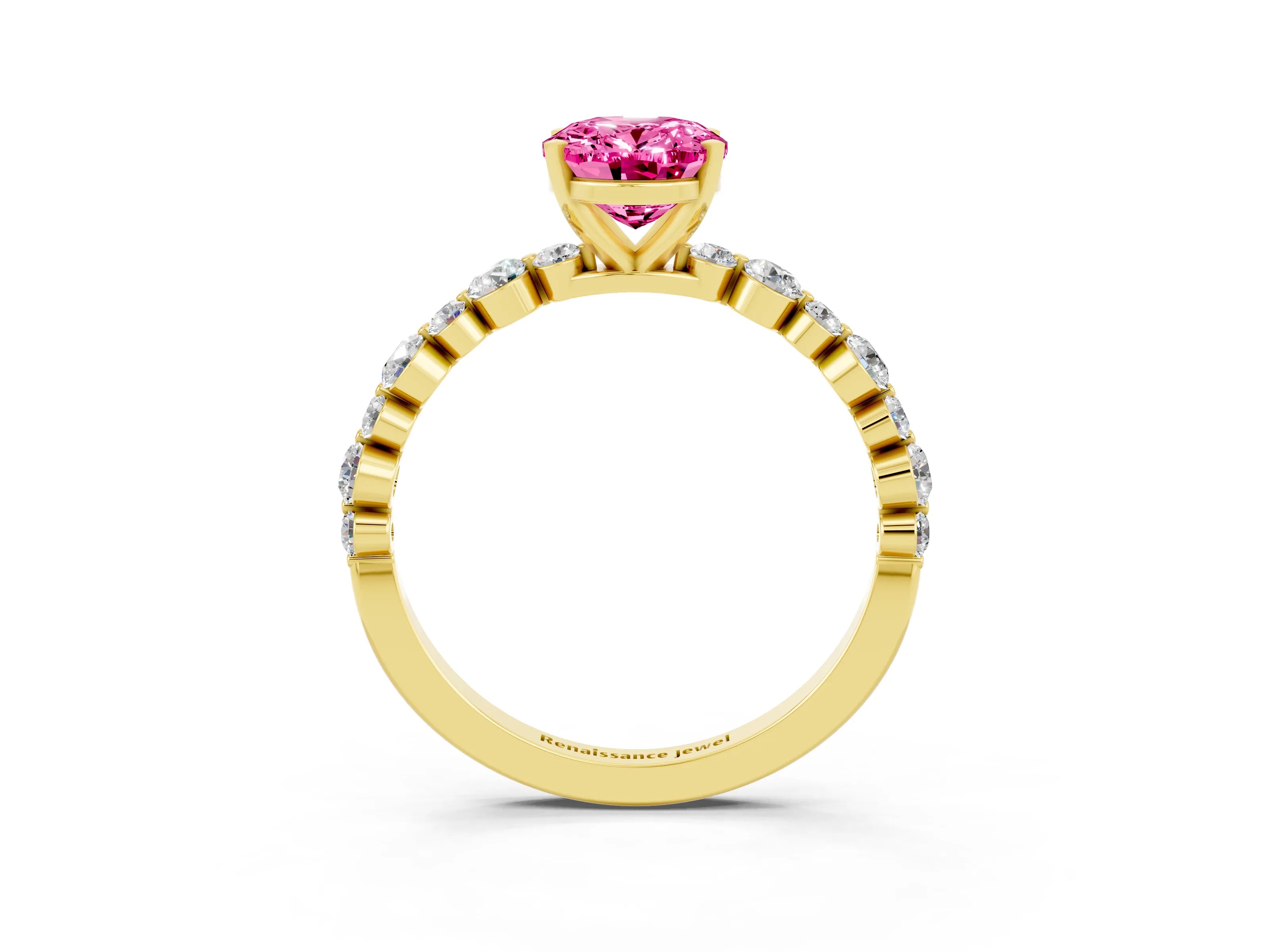 Yellow gold Oval Cut Pink Sapphire Prong Set Engagement Ring with Pavé Band_15
