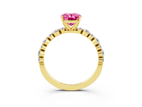 Yellow gold Oval Cut Pink Sapphire Prong Set Engagement Ring with Pavé Band
