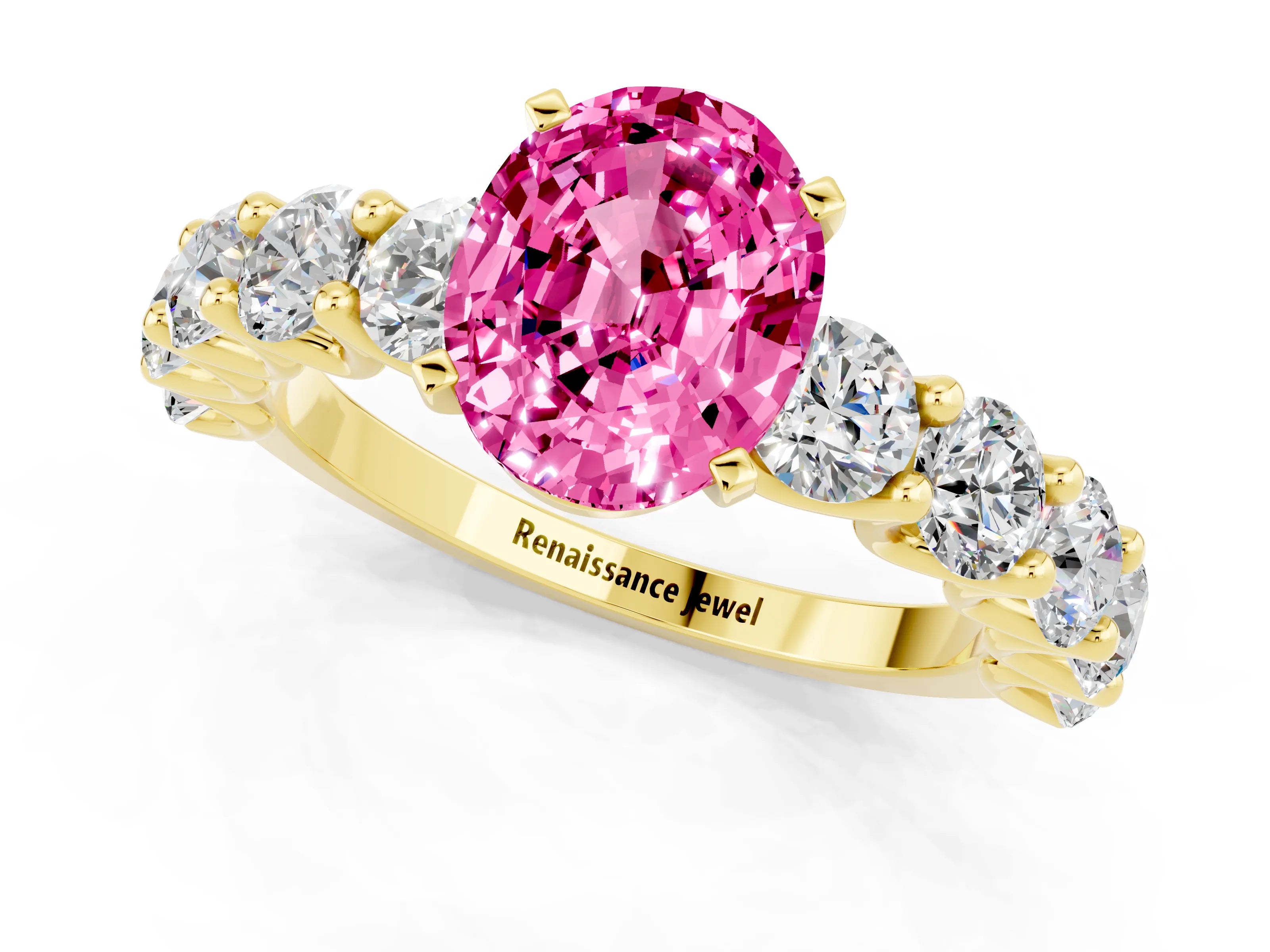 Yellow gold Oval Cut Pink Sapphire Prong Setting with Side Stones on a Pave Band_25