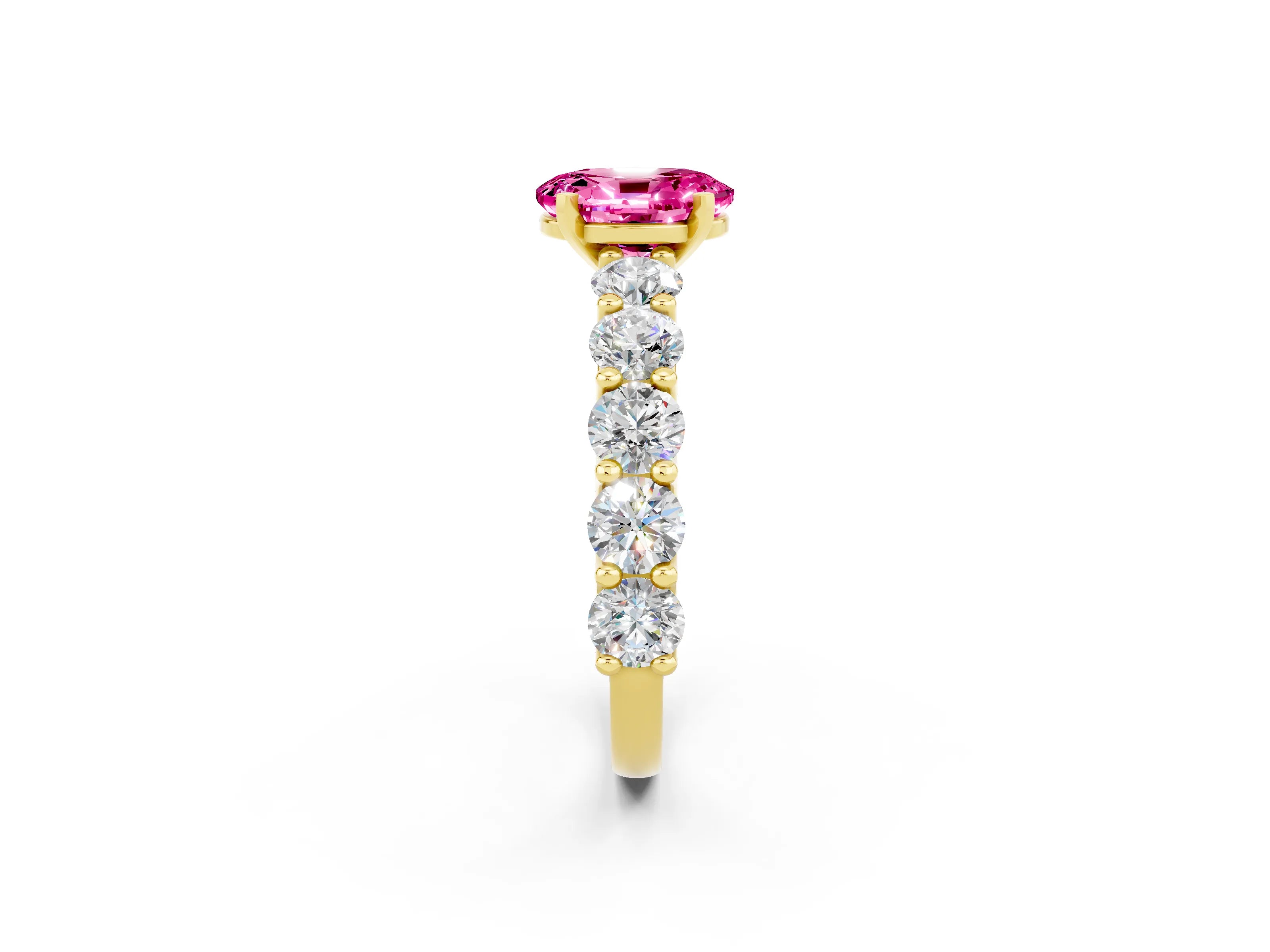 Yellow gold Oval Cut Pink Sapphire Prong Setting with Side Stones on a Pave Band_26