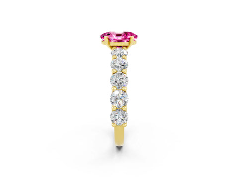 Yellow gold Oval Cut Pink Sapphire Prong Setting with Side Stones on a Pave Band_26