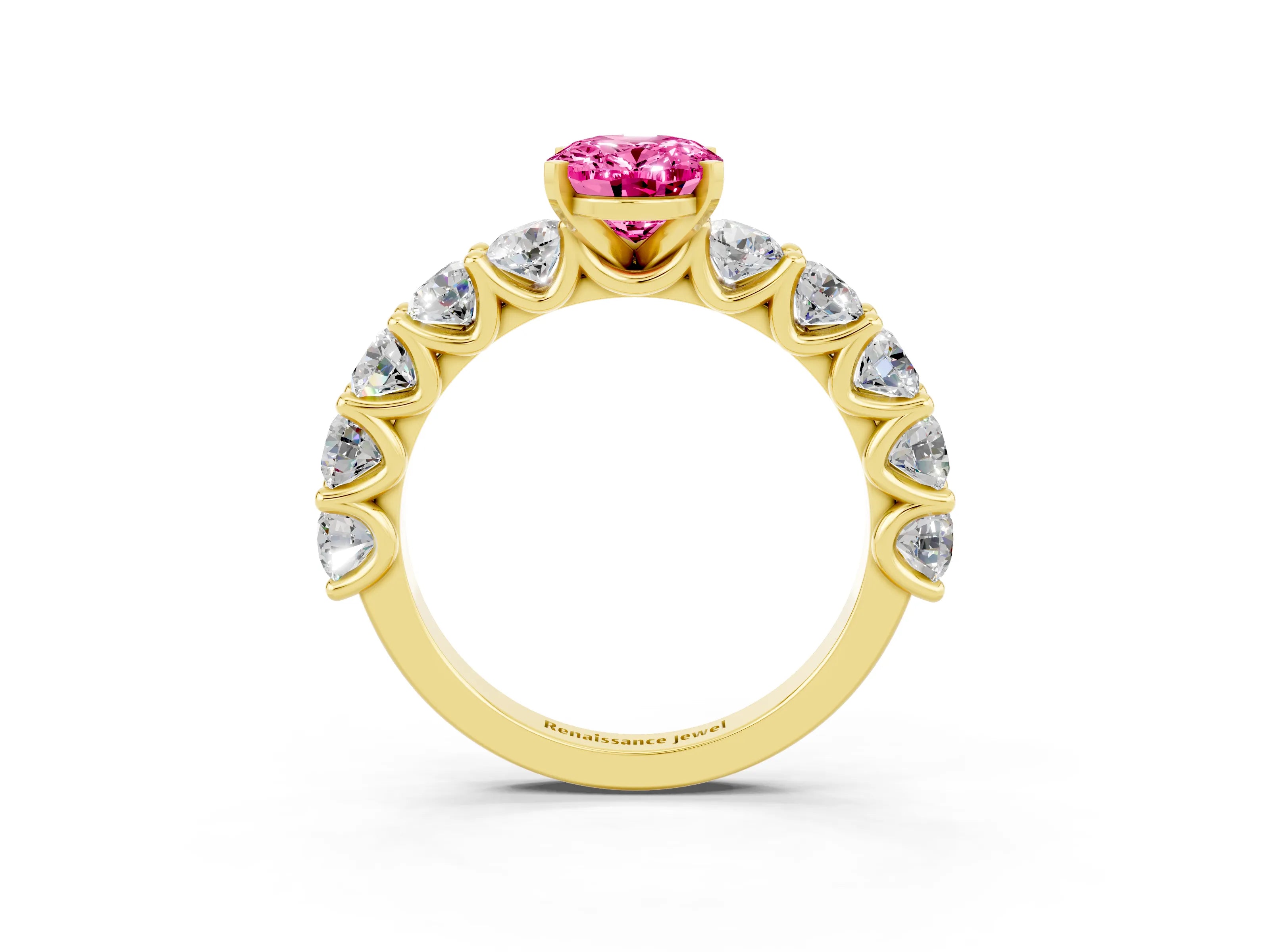 Yellow gold Oval Cut Pink Sapphire Prong Setting with Side Stones on a Pave Band_27