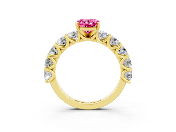 Yellow gold Oval Cut Pink Sapphire Prong Setting with Side Stones on a Pave Band