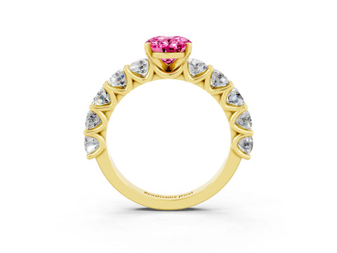 Yellow gold Oval Cut Pink Sapphire Prong Setting with Side Stones on a Pave Band_27