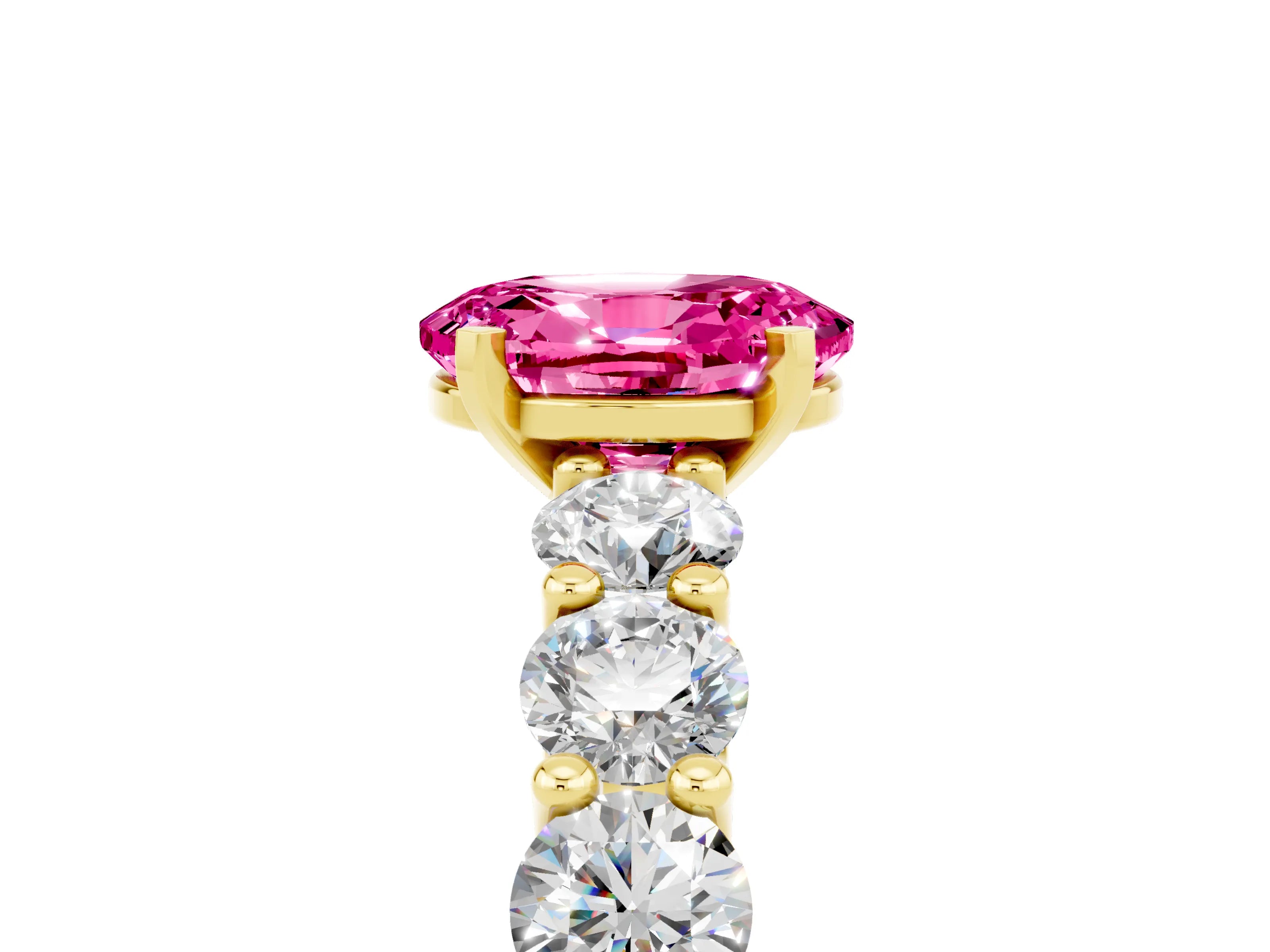 Yellow gold Oval Cut Pink Sapphire Prong Setting with Side Stones on a Pave Band_29