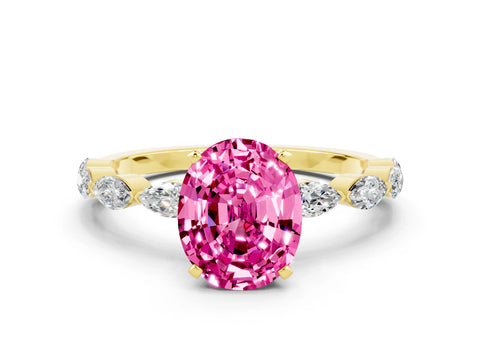 Yellow gold Oval Cut Pink Sapphire Ring with Marquise Side Stones and Prong Setting_12