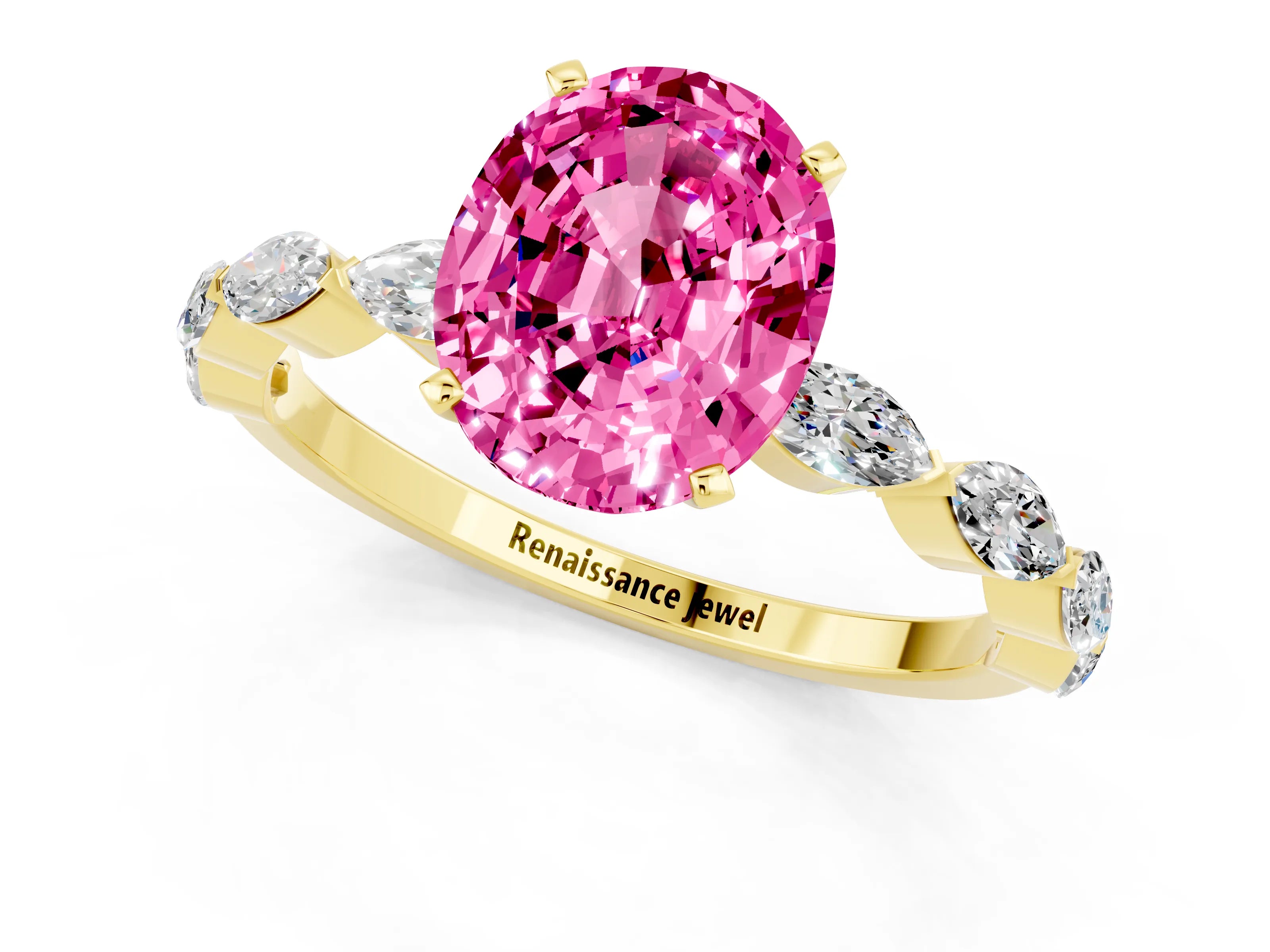 Yellow gold Oval Cut Pink Sapphire Ring with Marquise Side Stones and Prong Setting_13