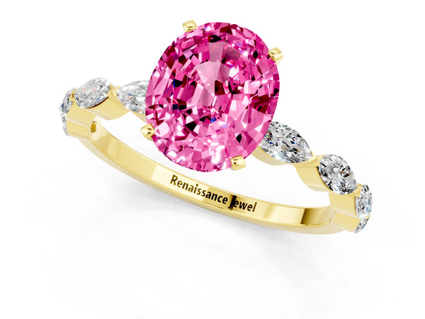 Yellow gold Oval Cut Pink Sapphire Ring with Marquise Side Stones and Prong Setting