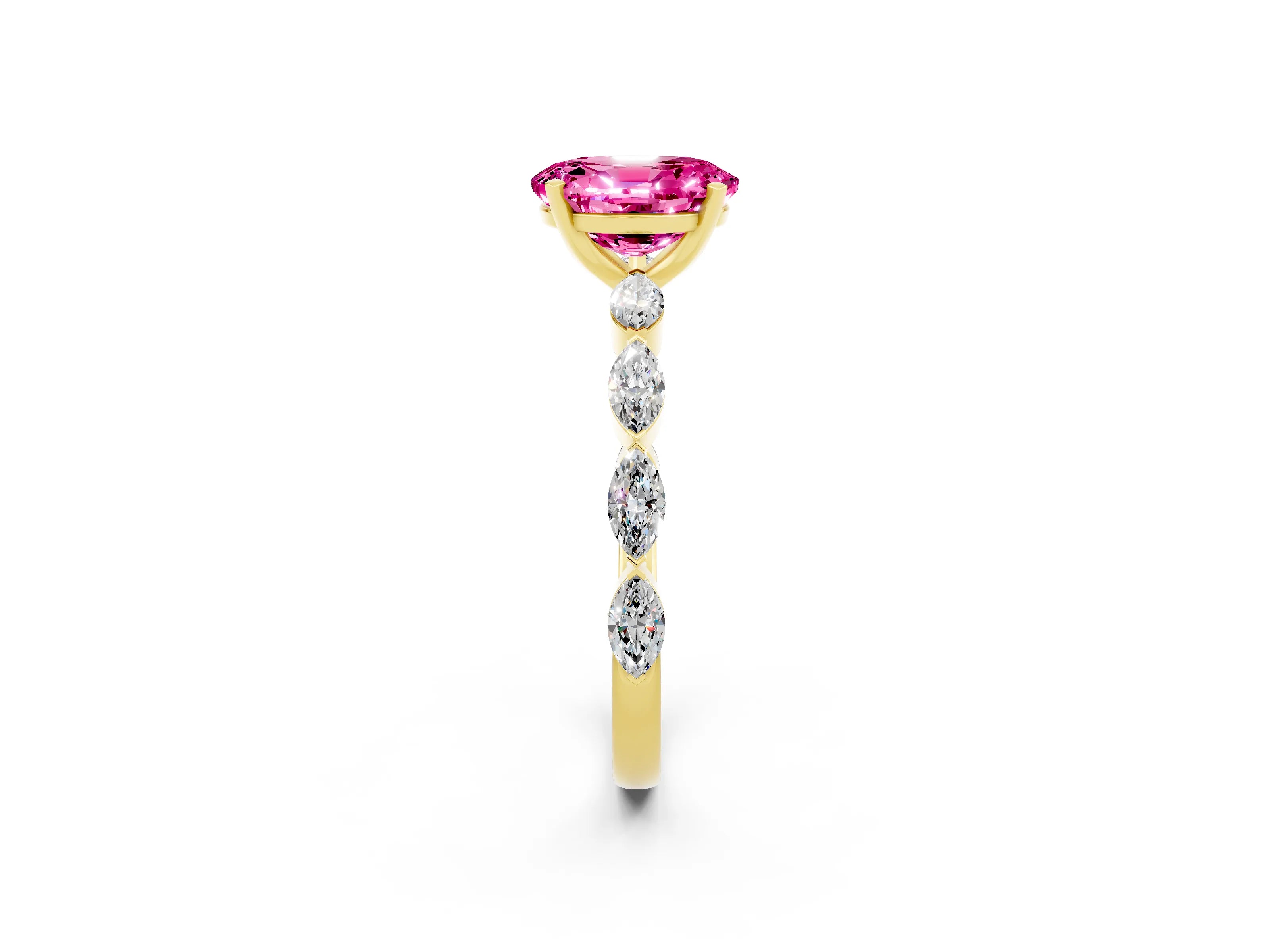 Yellow gold Oval Cut Pink Sapphire Ring with Marquise Side Stones and Prong Setting_14