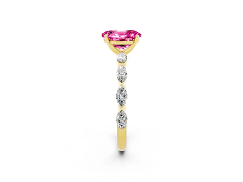Yellow gold Oval Cut Pink Sapphire Ring with Marquise Side Stones and Prong Setting_14