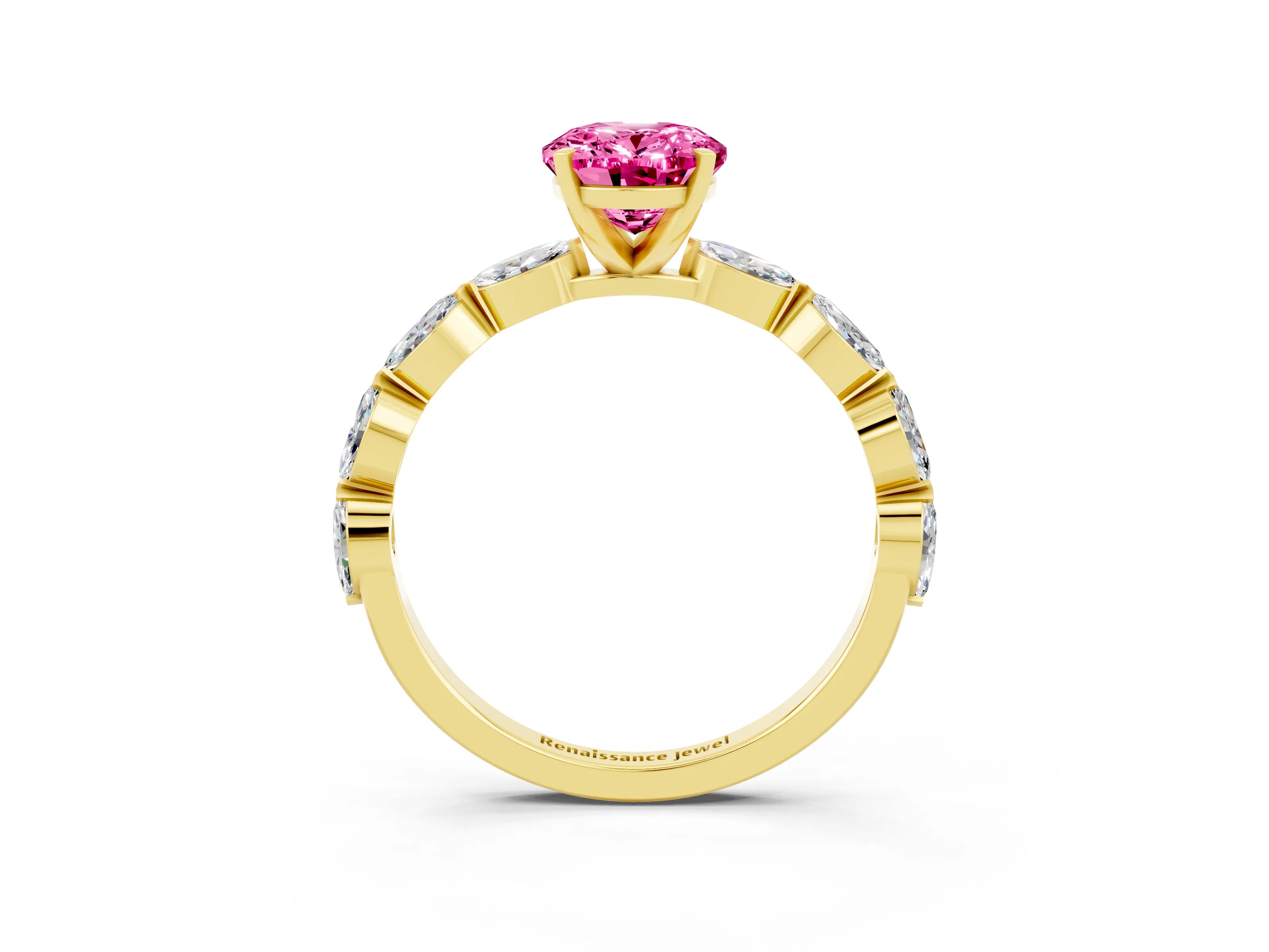 Yellow gold Oval Cut Pink Sapphire Ring with Marquise Side Stones and Prong Setting_15