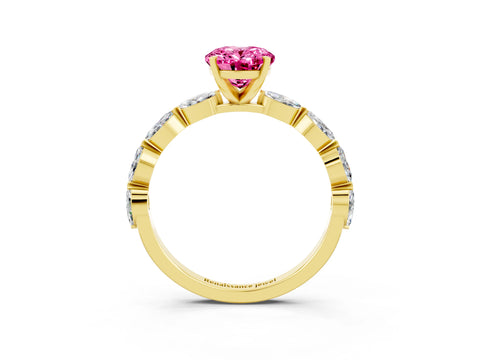 Yellow gold Oval Cut Pink Sapphire Ring with Marquise Side Stones and Prong Setting_15