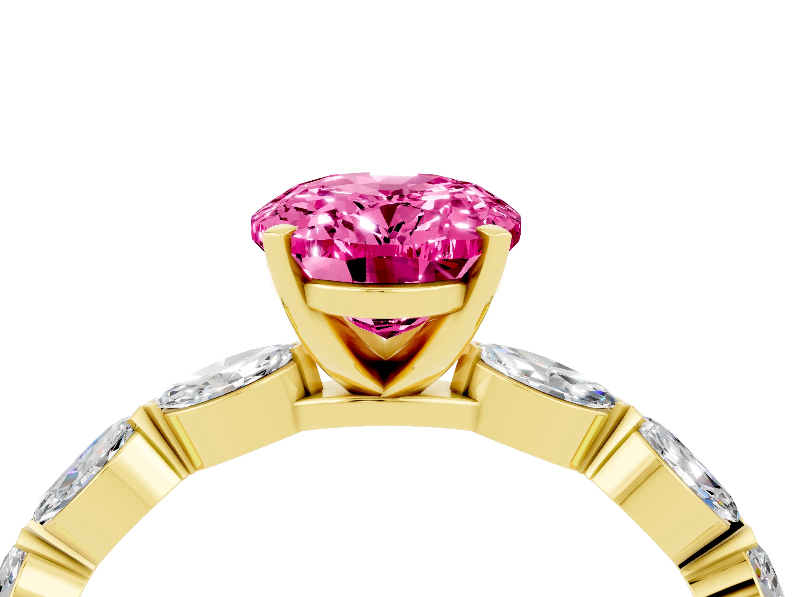 Yellow gold Oval Cut Pink Sapphire Ring with Marquise Side Stones and Prong Setting_16