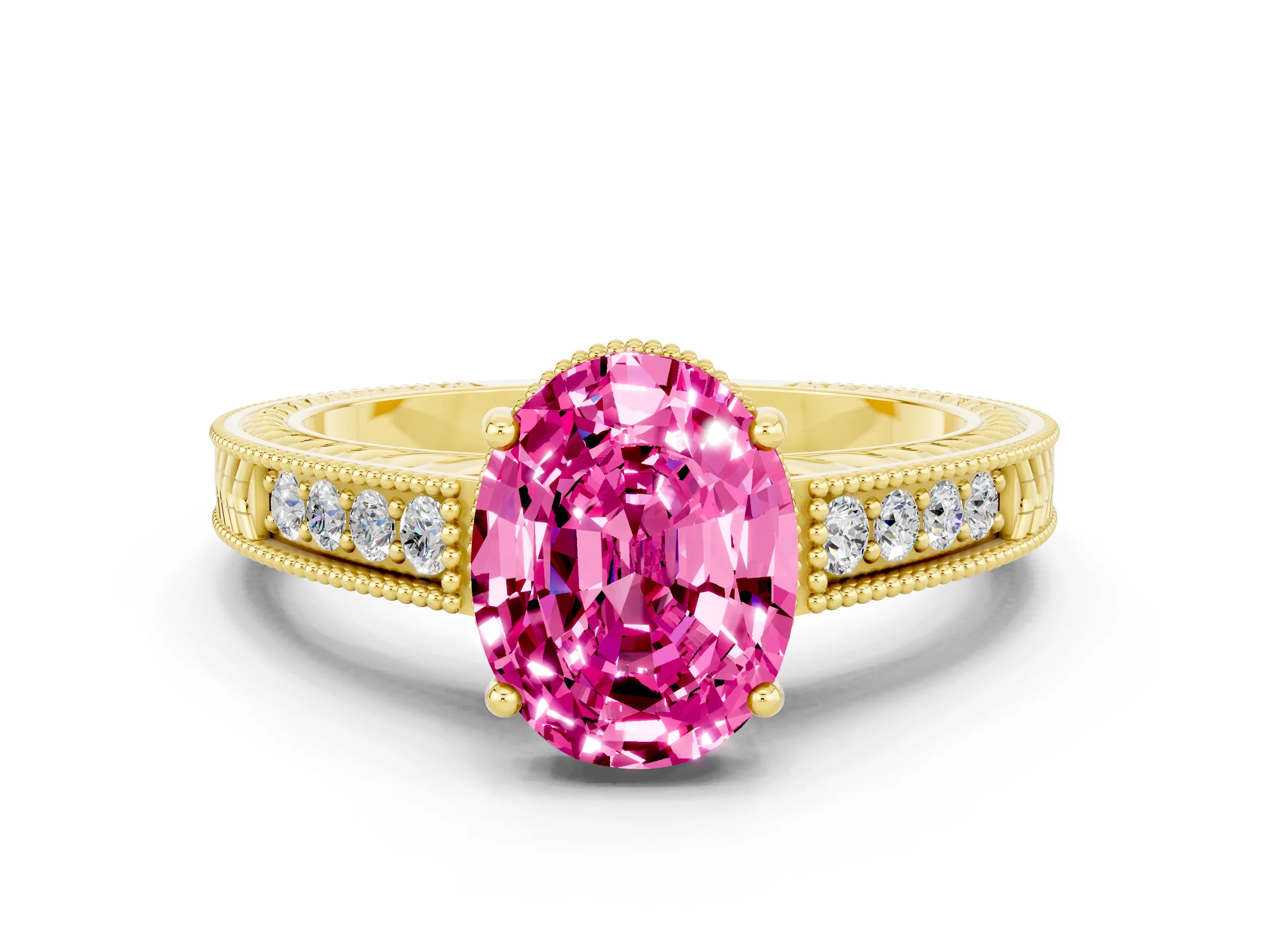 Yellow gold Oval Cut Pink Sapphire Ring with Milgrain Pavé Band and Four-Prong Setting_36