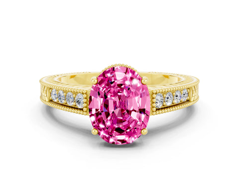 Yellow gold Oval Cut Pink Sapphire Ring with Milgrain Pavé Band and Four-Prong Setting_36