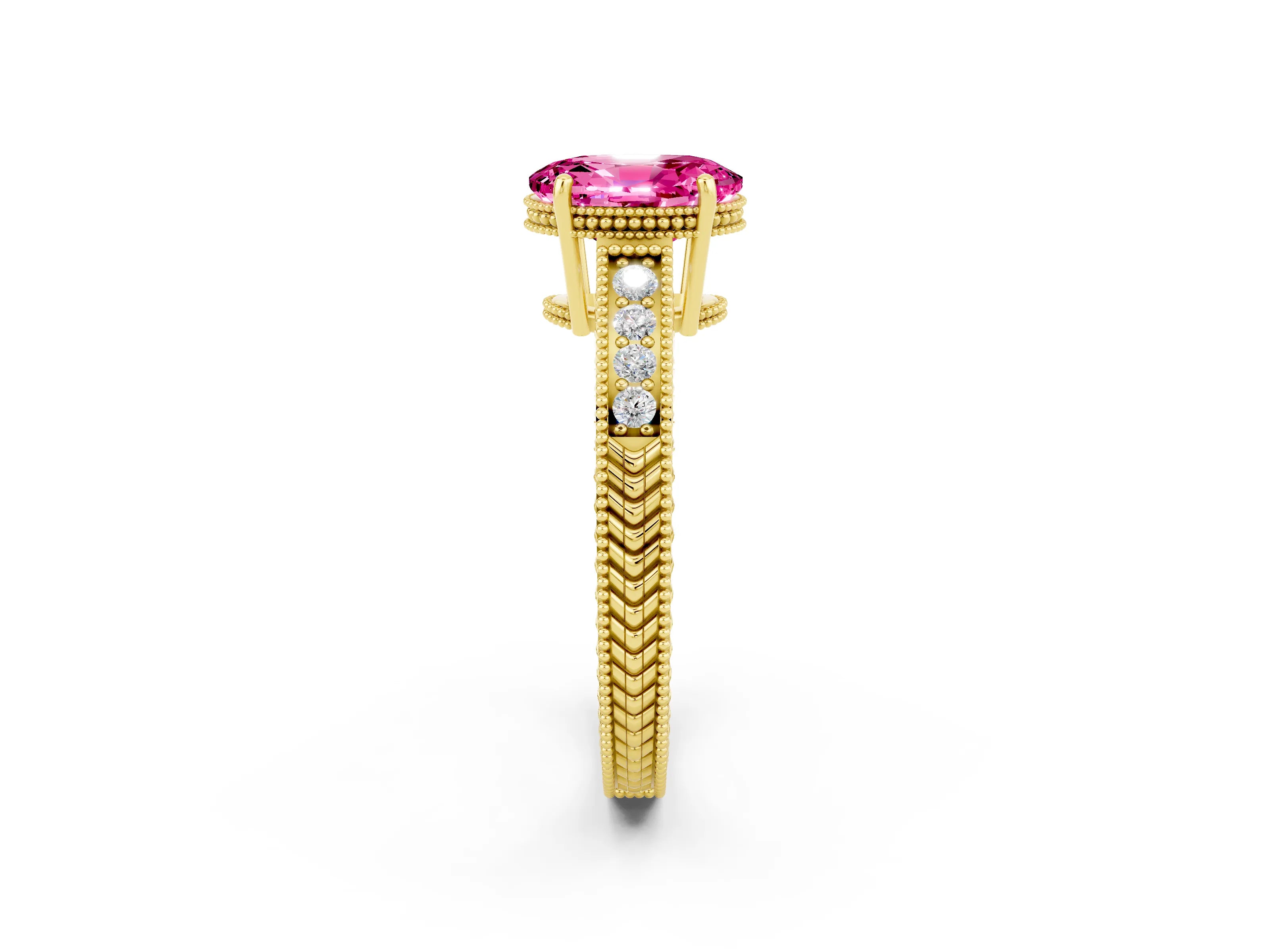 Yellow gold Oval Cut Pink Sapphire Ring with Milgrain Pavé Band and Four-Prong Setting_38