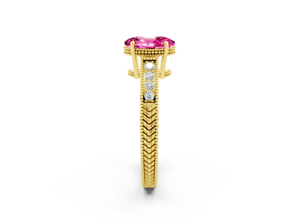 Yellow gold Oval Cut Pink Sapphire Ring with Milgrain Pavé Band and Four-Prong Setting