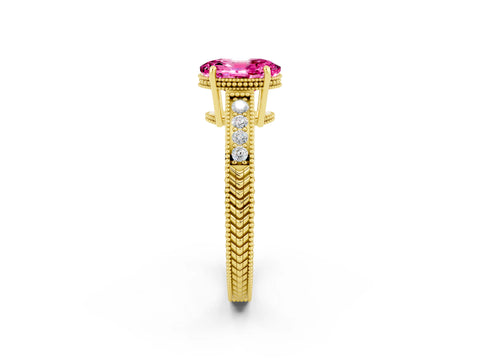 Yellow gold Oval Cut Pink Sapphire Ring with Milgrain Pavé Band and Four-Prong Setting_38