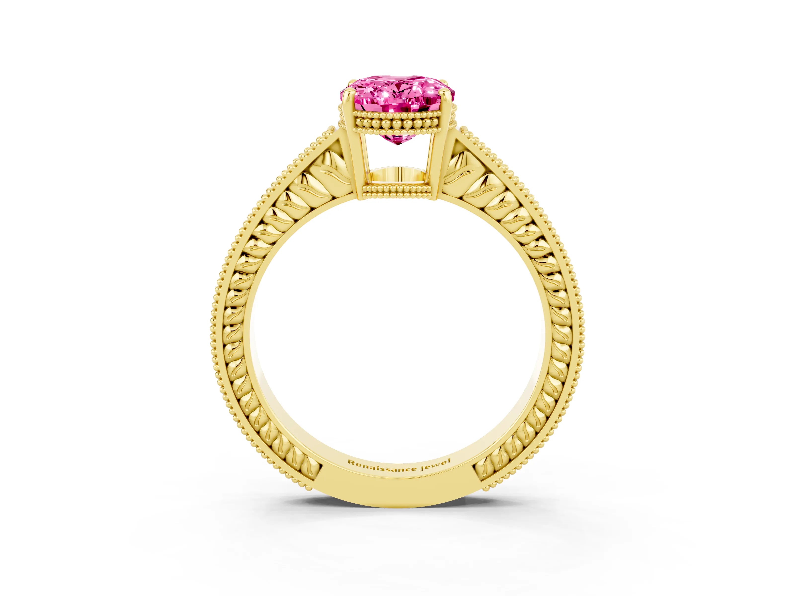 Yellow gold Oval Cut Pink Sapphire Ring with Milgrain Pavé Band and Four-Prong Setting_39