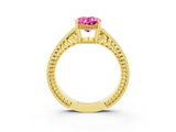 Yellow gold Oval Cut Pink Sapphire Ring with Milgrain Pavé Band and Four-Prong Setting_39