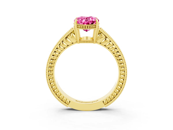 Yellow gold Oval Cut Pink Sapphire Ring with Milgrain Pavé Band and Four-Prong Setting