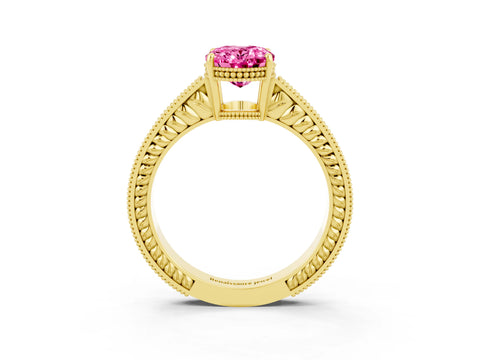 Yellow gold Oval Cut Pink Sapphire Ring with Milgrain Pavé Band and Four-Prong Setting_39