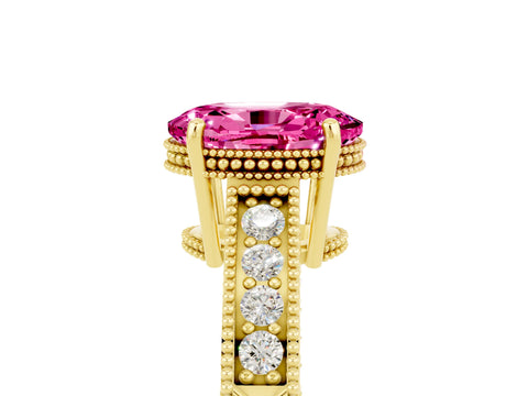 Yellow gold Oval Cut Pink Sapphire Ring with Milgrain Pavé Band and Four-Prong Setting_41