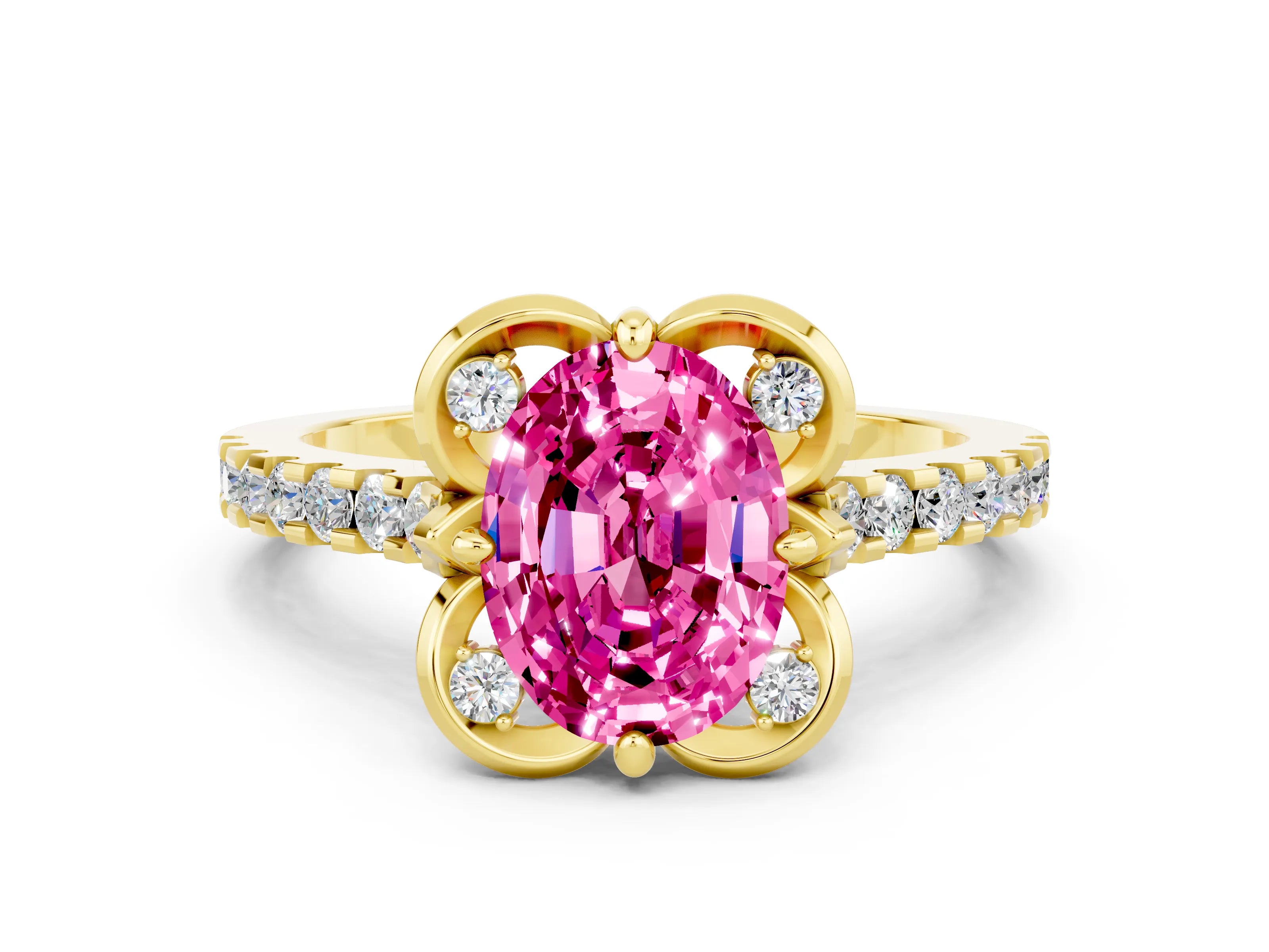 Yellow gold Oval Cut Pink Sapphire Ring with Pavé Band and Floral Prong Setting