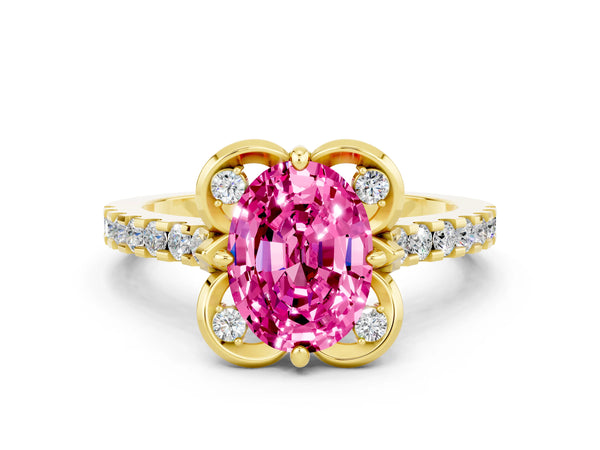 Yellow gold Oval Cut Pink Sapphire Ring with Pavé Band and Floral Prong Setting