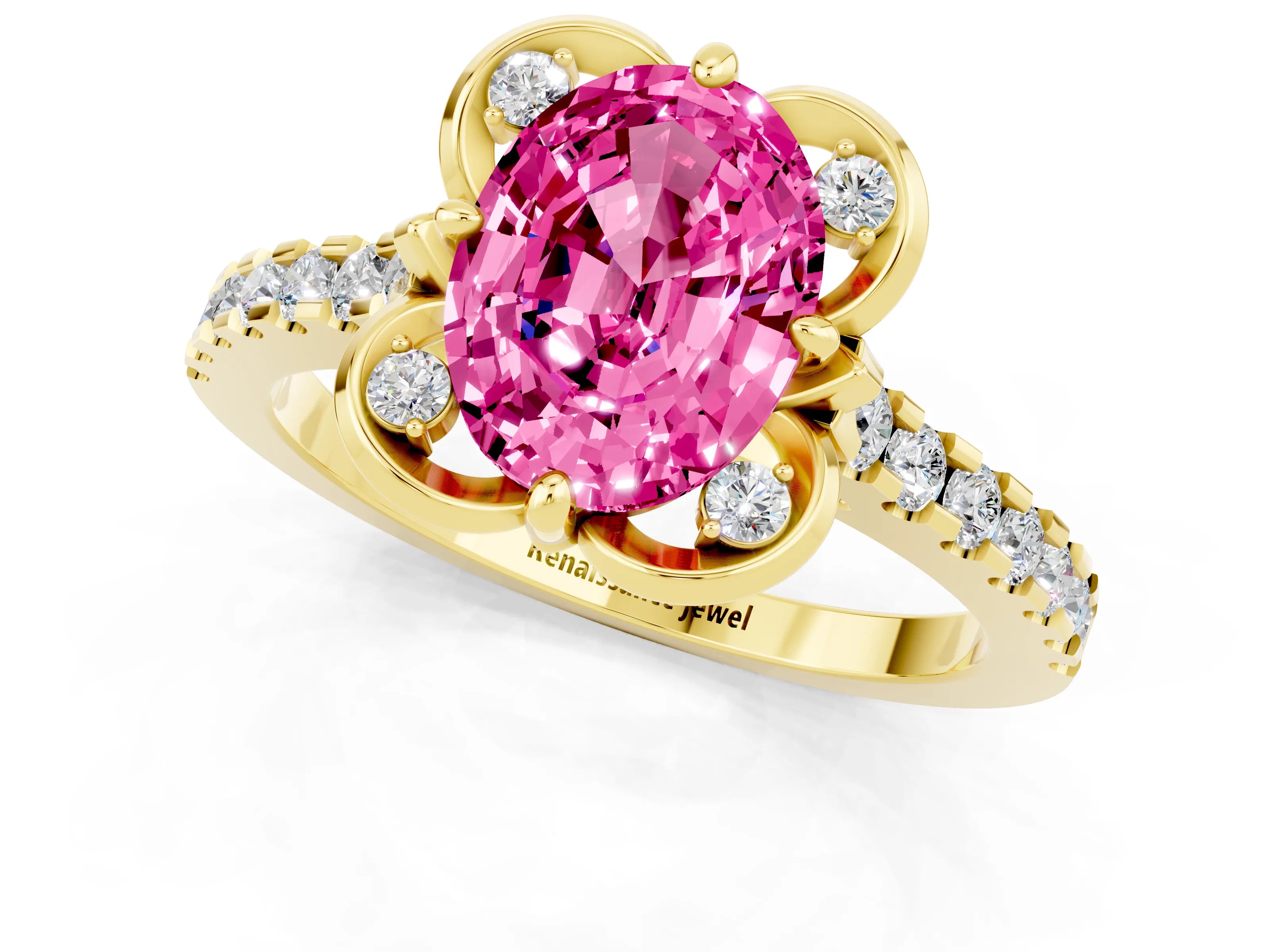 Yellow gold Oval Cut Pink Sapphire Ring with Pavé Band and Floral Prong Setting_1