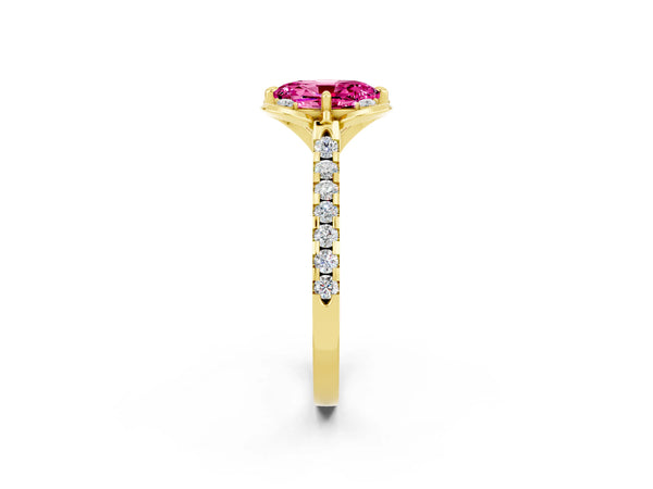 Yellow gold Oval Cut Pink Sapphire Ring with Pavé Band and Floral Prong Setting