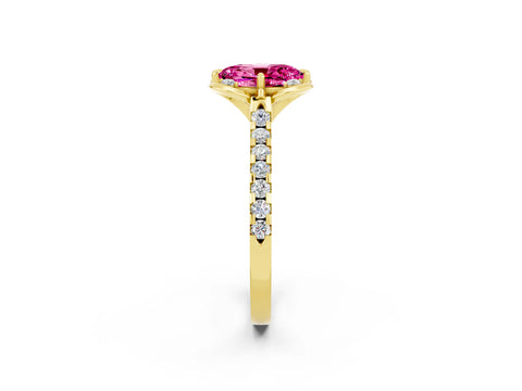 Yellow gold Oval Cut Pink Sapphire Ring with Pavé Band and Floral Prong Setting_2