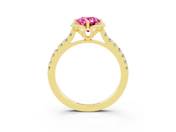 Yellow gold Oval Cut Pink Sapphire Ring with Pavé Band and Floral Prong Setting