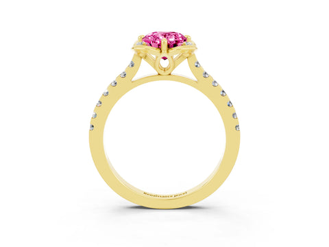 Yellow gold Oval Cut Pink Sapphire Ring with Pavé Band and Floral Prong Setting_3