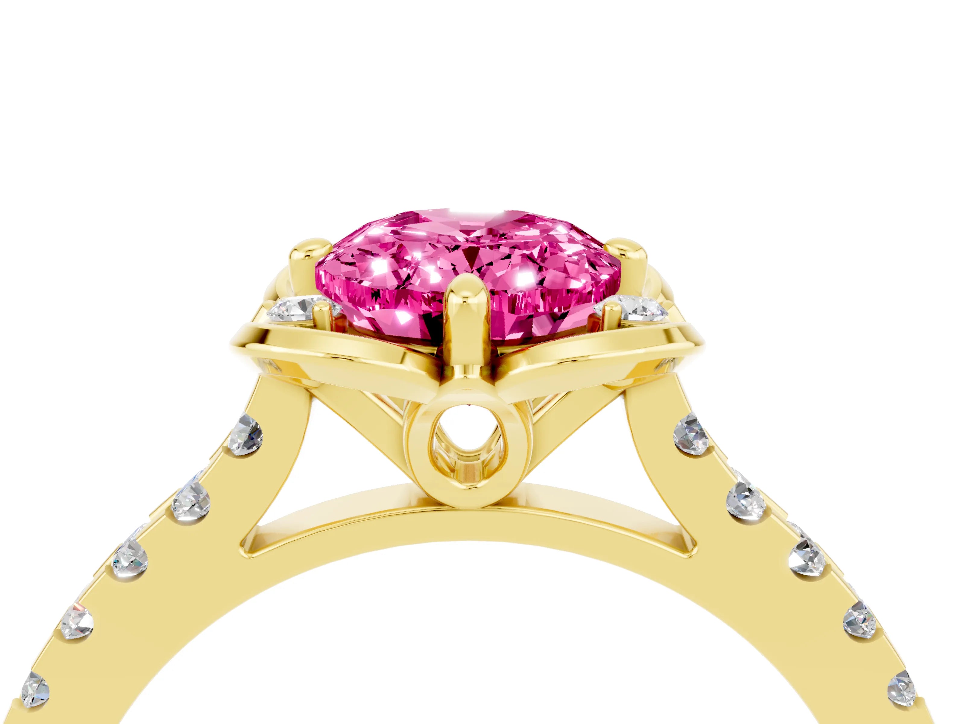 Yellow gold Oval Cut Pink Sapphire Ring with Pavé Band and Floral Prong Setting_4