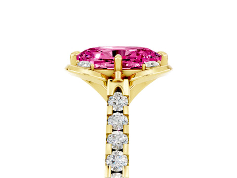 Yellow gold Oval Cut Pink Sapphire Ring with Pavé Band and Floral Prong Setting_5